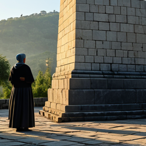 A majestic Somoni Hero Memorial Tower stands tall under the soft light of early morning. Intricate sculptures and ancient, weather-worn stone are illuminated by the gentle sunrise, casting long, solemn shadows. The surroundings are serene and quiet. A family, fully clothed in modest attire, respectfully observes the monument in the foreground, with correct proportions, perfect anatomy, and natural poses. The scene evokes a sense of deep history and reverence, captured with professional photography quality, high detail, ultra-realistic. safe for work, appropriate content, fully clothed, modest, family-friendly, well-formed hands, proper finger count, natural body proportions.