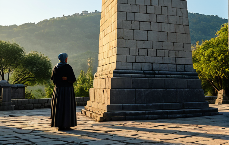 A majestic Somoni Hero Memorial Tower stands tall under the soft light of early morning. Intricate sculptures and ancient, weather-worn stone are illuminated by the gentle sunrise, casting long, solemn shadows. The surroundings are serene and quiet. A family, fully clothed in modest attire, respectfully observes the monument in the foreground, with correct proportions, perfect anatomy, and natural poses. The scene evokes a sense of deep history and reverence, captured with professional photography quality, high detail, ultra-realistic. safe for work, appropriate content, fully clothed, modest, family-friendly, well-formed hands, proper finger count, natural body proportions.