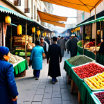 A vibrant, bustling traditional bazaar in Dushanbe, filled with local people and vendors in modest, fully clothed Central Asian attire. Stalls overflow with colorful fresh fruits, vegetables, and dried nuts. Richly patterned textiles hang overhead, swaying gently in the air. Shoppers are engaged in lively conversation and friendly interaction, capturing the authentic spirit of the market. The scene is illuminated by natural light, emphasizing the textures and details of the goods and surroundings. safe for work, appropriate content, fully clothed, family-friendly, perfect anatomy, correct proportions, natural pose, well-formed hands, proper finger count, natural body proportions, professional photography, high quality, realistic.