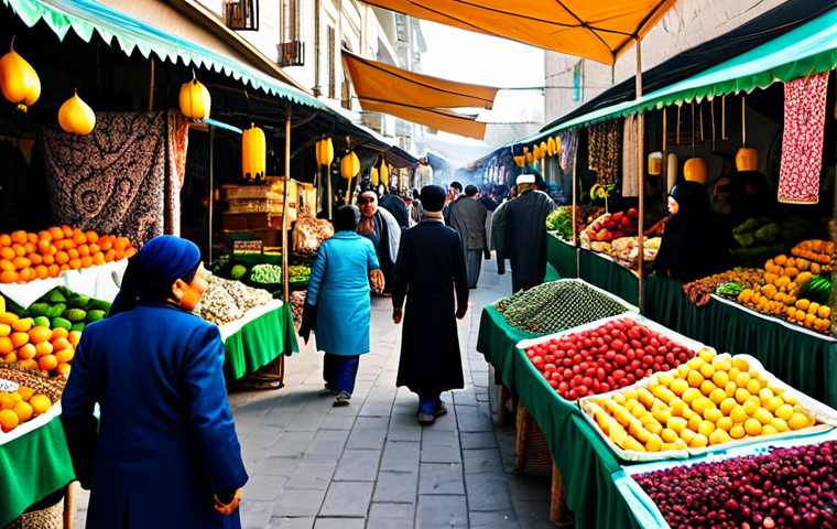 A vibrant, bustling traditional bazaar in Dushanbe, filled with local people and vendors in modest, fully clothed Central Asian attire. Stalls overflow with colorful fresh fruits, vegetables, and dried nuts. Richly patterned textiles hang overhead, swaying gently in the air. Shoppers are engaged in lively conversation and friendly interaction, capturing the authentic spirit of the market. The scene is illuminated by natural light, emphasizing the textures and details of the goods and surroundings. safe for work, appropriate content, fully clothed, family-friendly, perfect anatomy, correct proportions, natural pose, well-formed hands, proper finger count, natural body proportions, professional photography, high quality, realistic.