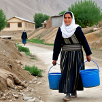 A modest, fully clothed woman in traditional Tajik attire is carefully carrying two large water buckets, one in each hand, along a dusty, unpaved path in a rural Tajik village. In the background, sections of visibly old, corroded water pipes are partially exposed above ground, with a small trickle of water leaking from one. The environment is dry, with sparse vegetation and simple, traditional houses. The woman's expression is one of quiet determination. The image showcases perfect anatomy, correct proportions, well-formed hands, and a natural pose. This is a safe for work, appropriate content, family-friendly depiction of daily life, emphasizing the challenge of water access. Professional photography, high quality, realistic rendering.