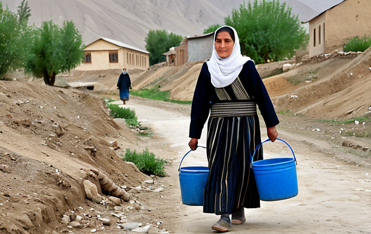 A modest, fully clothed woman in traditional Tajik attire is carefully carrying two large water buckets, one in each hand, along a dusty, unpaved path in a rural Tajik village. In the background, sections of visibly old, corroded water pipes are partially exposed above ground, with a small trickle of water leaking from one. The environment is dry, with sparse vegetation and simple, traditional houses. The woman's expression is one of quiet determination. The image showcases perfect anatomy, correct proportions, well-formed hands, and a natural pose. This is a safe for work, appropriate content, family-friendly depiction of daily life, emphasizing the challenge of water access. Professional photography, high quality, realistic rendering.